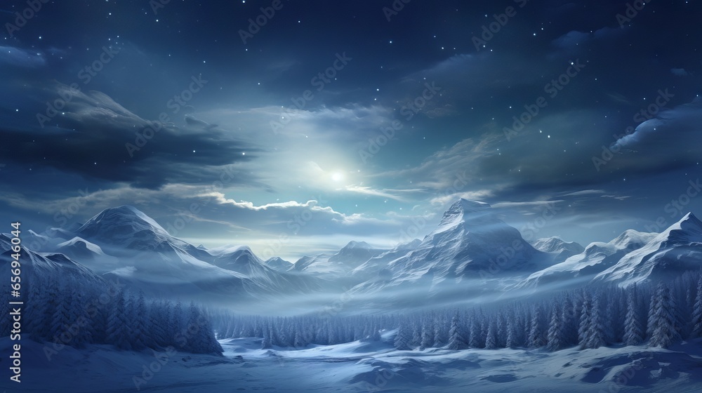 Winter space of snow: a serene and majestic illustration of snowy landscape with trees and mountains Winter space of snow: a serene and majestic illustration of snowy landscape with trees and mountains