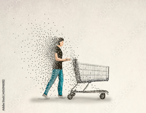 Illustration of disappearing woman pushing empty shopping cart