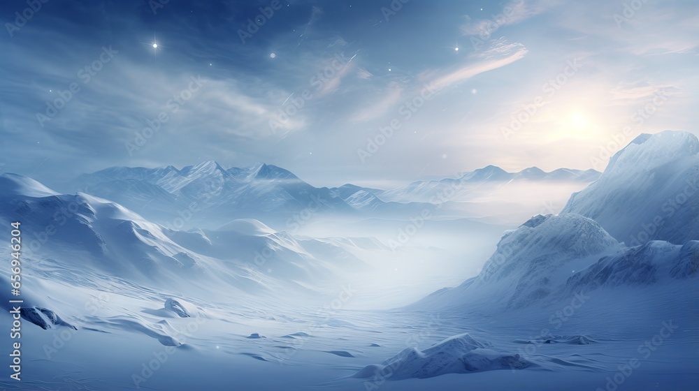 Winter space of snow: a serene and majestic illustration of snowy landscape with trees and mountains