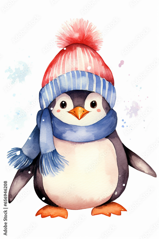 Naklejka premium penguin in winter hat watercolor clipart