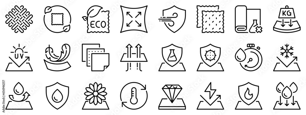 Icon set about fabric features. Line icons on transparent background with editable stroke.