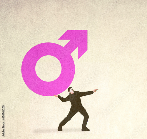 Illustration of man throwing male symbol symbolizing stereotypical masculinity