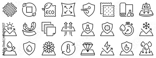 Icon set about fabric features. Line icons on transparent background with editable stroke.