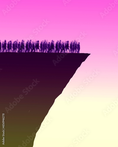 Illustration of crowd of people walking towards cliff edge photo