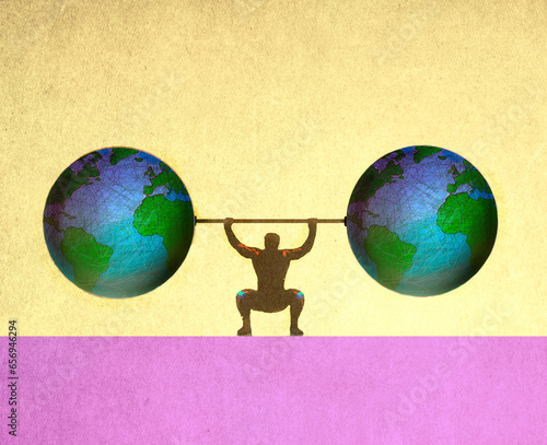 Illustration of man lifting barbel made of planet Earth globes photo