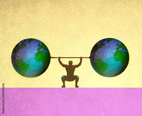 Illustration of man lifting barbel made of planet Earth globes