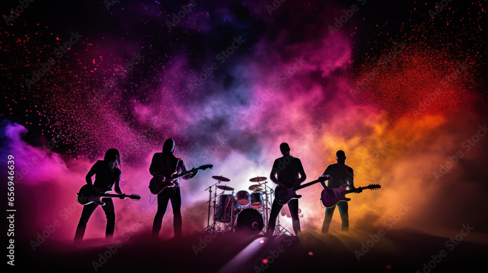 Rock band concert in cloud colorful dust. Music event, Rock band performs on stage colorful dust background. Guitarist, bass guitar and drums on stage. - obrazy, fototapety, plakaty 