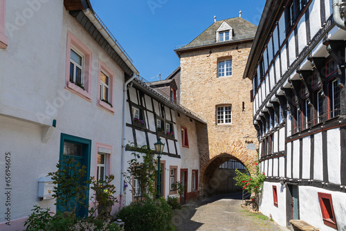 Germany, North Rhine Westphalia, Blankenheim, Hirtentor gate and historic half-timbered houses photo