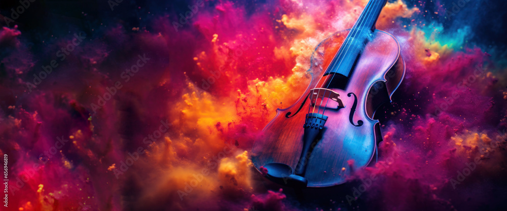 Cello in cloud colorful dust. World music day banner with musician and musical instrument on abstract colorful dust background. Music event, Expression, symphony, colorful design - obrazy, fototapety, plakaty 