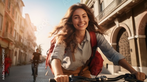 Tourist young woman cycling down the street, Active urban travel cycling concept.