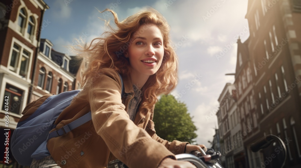Tourist young woman cycling down the street, Active urban travel cycling concept.