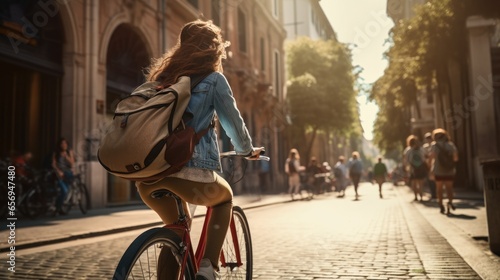 Tourist young woman cycling down the street, Active urban travel cycling concept. photo