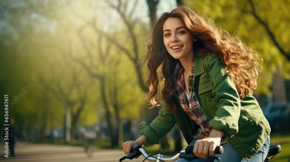 Happy young woman riding bicycle in city spring park outdoor, Active urban lifestyle cycling concept Happy young woman riding bicycle in city spring park outdoor, Active urban lifestyle cycling concept