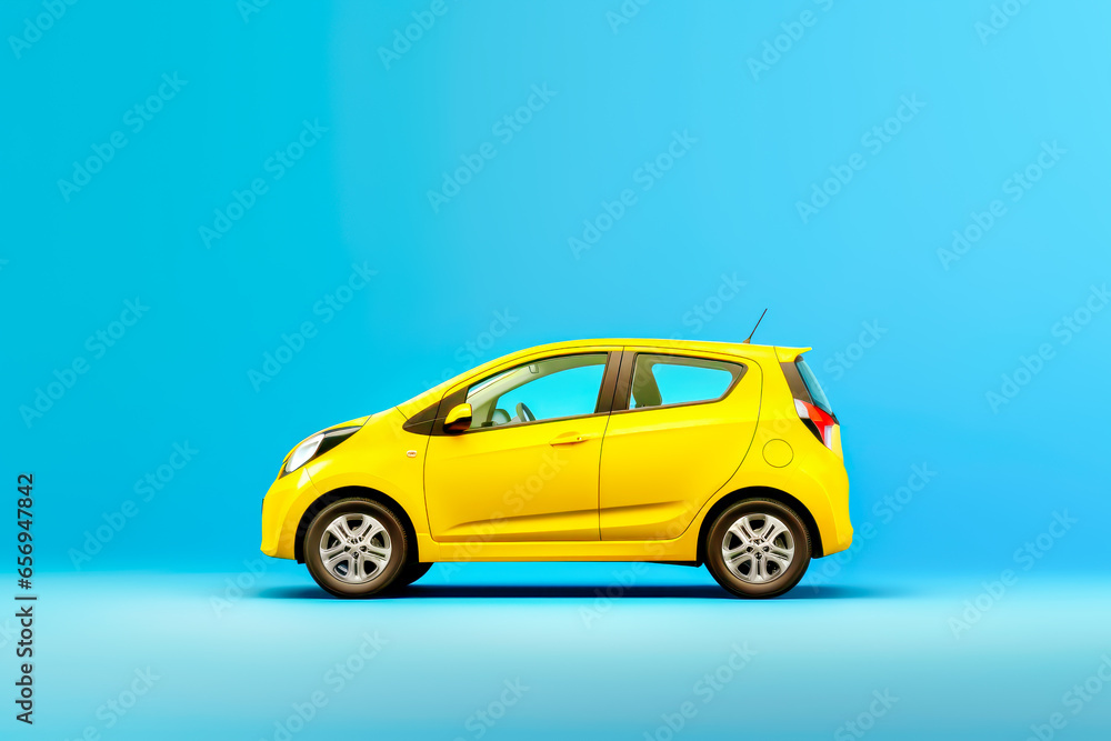 Sustainable eco friendly trip on electric vehicle EV car. Small yellow electric car on bright blue background. Concept of alternative sustainable eco energy and ecological travel. Copy space