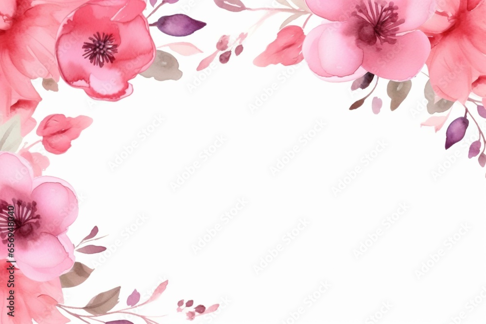 Romantic frame with pink watercolor flowers. Stylish rectangular design for Valentine's Day. Ample space for text. Generative AI
