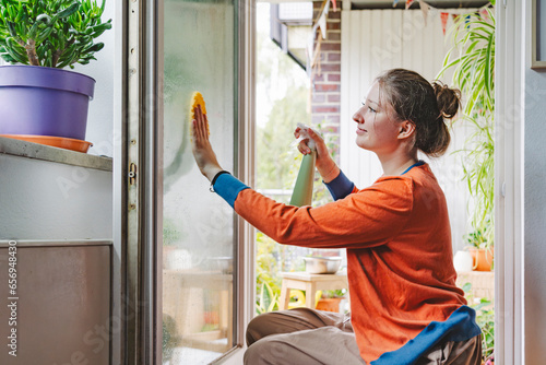 Teenage girl spraying water and cleaning door of balcony at home photo