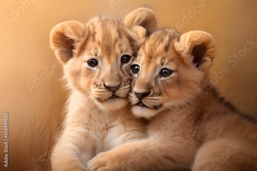 A cute pair of little Lions on a brown background. Portrait of a wild animals. © Creative Photo Focus