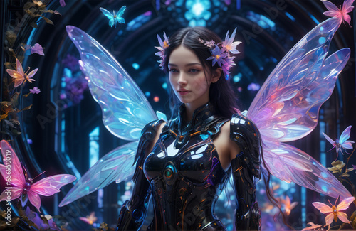 A Robot women in heaven with beautiful fairies