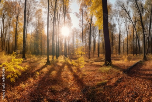 Sunlight streaming through a dense forest © Marius