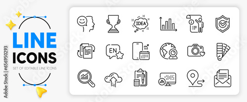 Journey, Photo camera and Accounting line icons set for app include Palette, English, Cloud upload outline thin icon. Manual doc, Bureaucracy, Good mood pictogram icon. Diagram graph. Vector