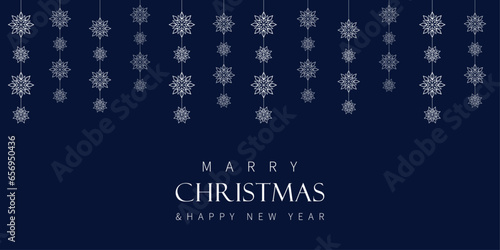 Merry christmas and happy new year, banner with white snowflakes on blue background