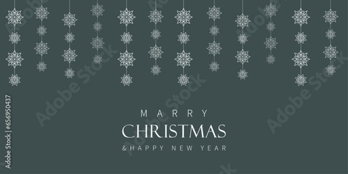 Merry christmas and happy new year, banner with white snowflakes on green background