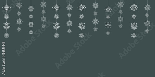 Merry christmas and happy new year, banner with white snowflakes on green background