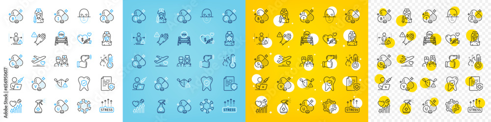 Φωτογραφία Vector icons set of Stress grows, Iodine mineral and Use gloves line icons pack for web with Coronavirus, Heart beat, Electronic thermometer outline icon