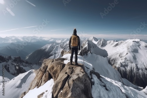 A man conquering the snowy peak of a majestic mountain © Marius