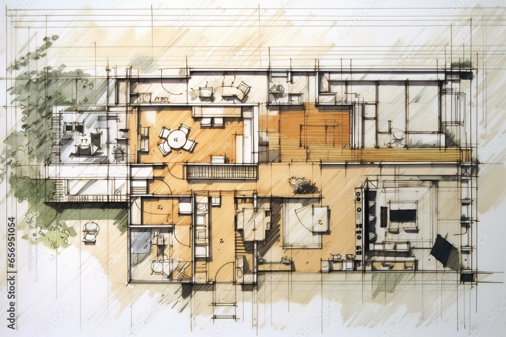 Drawing and furniture layout for detached house. Generative AI
