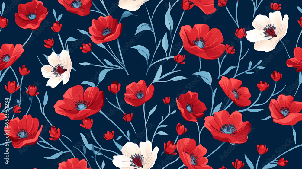 Red and white poppy floral seamless pattern wallpaper on dark blue background Red and white poppy floral seamless pattern wallpaper on dark blue background