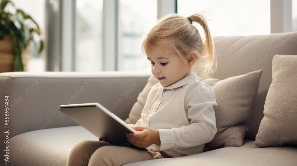 Toddler girl playing tablet on couch at home, Child and electronic devices concept. Toddler girl playing tablet on couch at home, Child and electronic devices concept.
