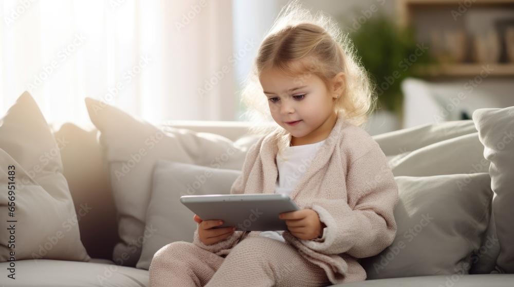 Toddler girl playing tablet on couch at home, Child and electronic devices concept. Toddler girl playing tablet on couch at home, Child and electronic devices concept.