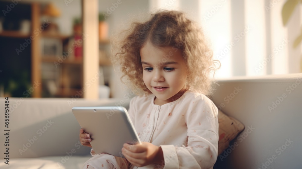 Toddler girl playing tablet on couch at home, Child and electronic devices concept.