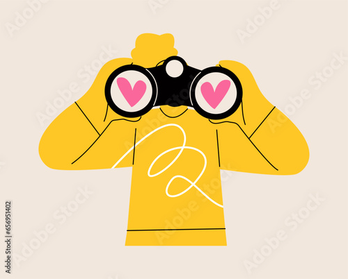Woman look through binoculars and searching love. Colorful vector illustration