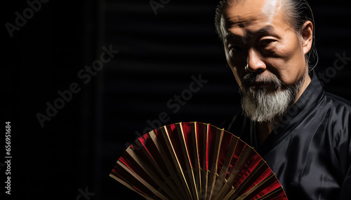 An old Chinese man with a fan in his hand