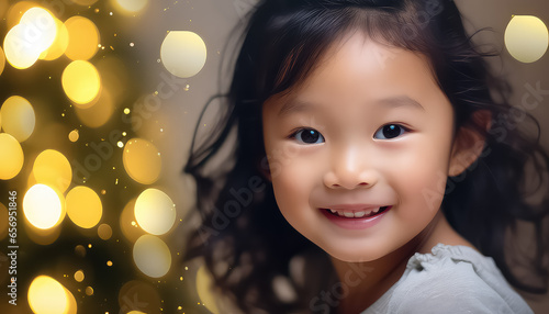 Portrait of a young Chinese girl on a blurred background of a Christmas tree