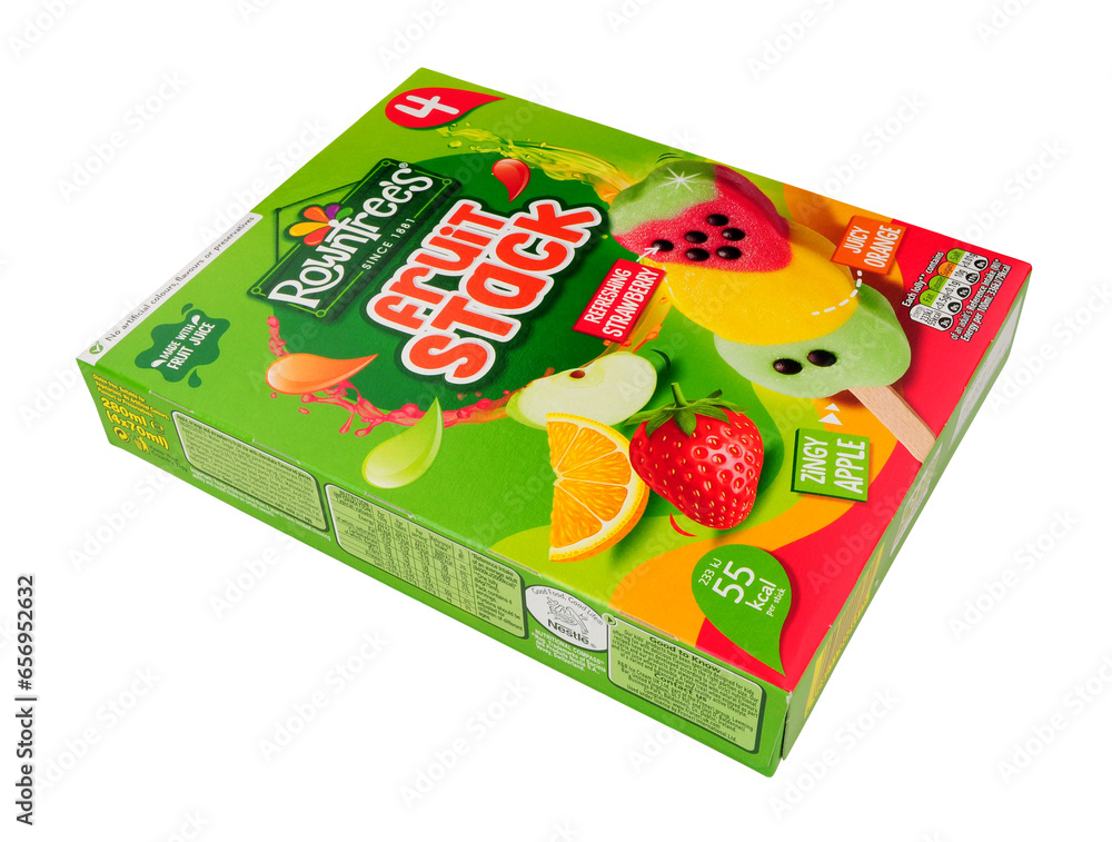 Rowntrees fruit stack lollies, apple, orange and strawberry fruit juice
