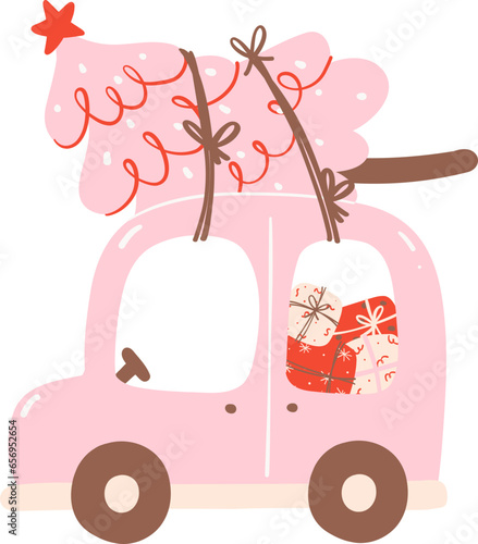 Cute Pink Christmas car with pine tree and gifts