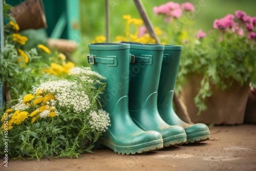 Rubber boots garden spring gardening concept background. Generative AI