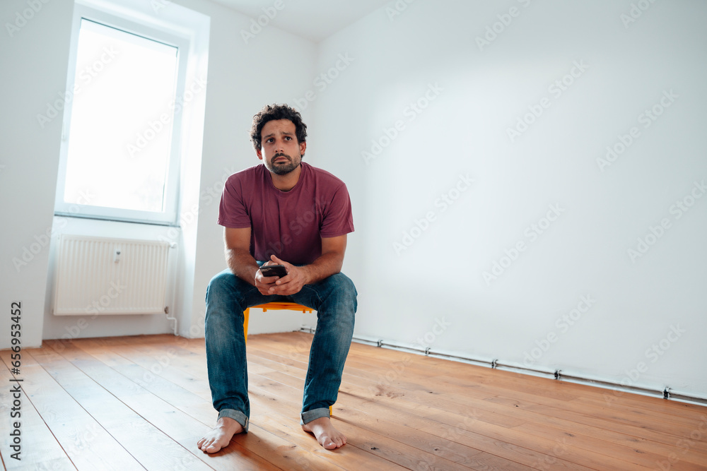 Thoughtful man with smart phone sitting on chair at home Thoughtful man with smart phone sitting on chair at home