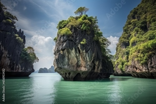 A majestic rock surrounded by calm waters