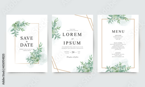 Set of wedding invitation templates with green leaves