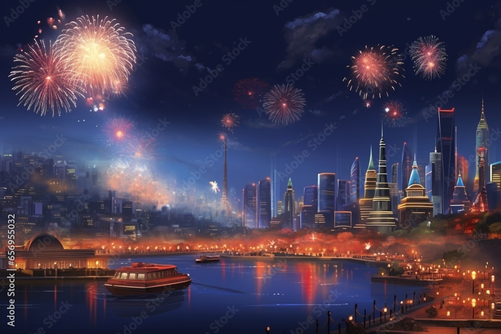 New Year Festival Night Fireworks River Skyscapper