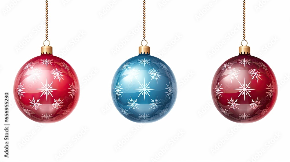 Blue and red illustration of Christmas ball ornaments hanging against an isolated background. Generative AI
