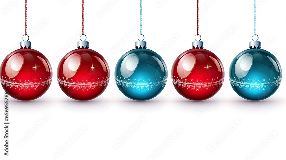 Blue and red illustration of Christmas ball ornaments hanging against an isolated background. Generative AI Blue and red illustration of Christmas ball ornaments hanging against an isolated background. Generative AI