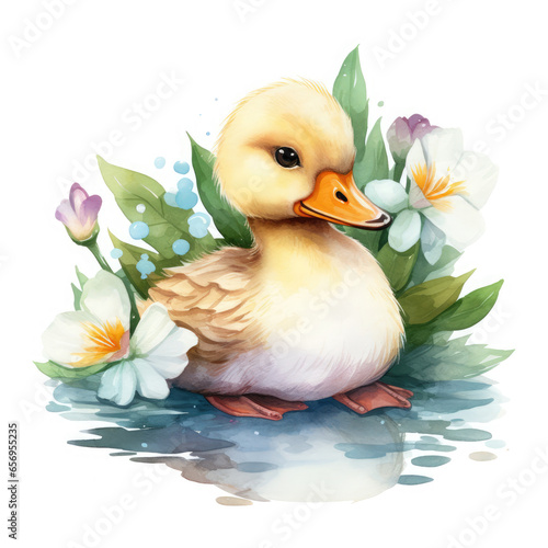 Cute ducking with flower Illustration, Generative Ai