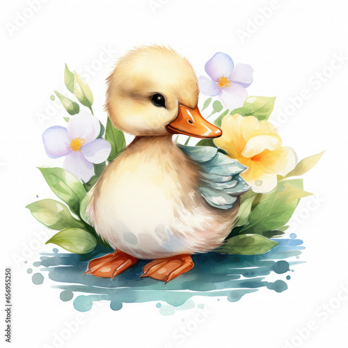 Cute ducking with flower Illustration, Generative Ai