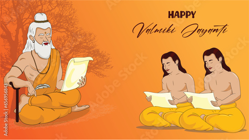 Ramanya text written in hindi which means Epic book of ramayana. Vector Illustration of Valmiki Jayanti, A mythological peot of Ramayana. Banner or Poster.
