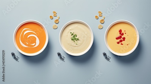 Top view on traditional beetroot, tomatoes, carrots soups in white plates. Light blue background. Strong shadow effect. photo
